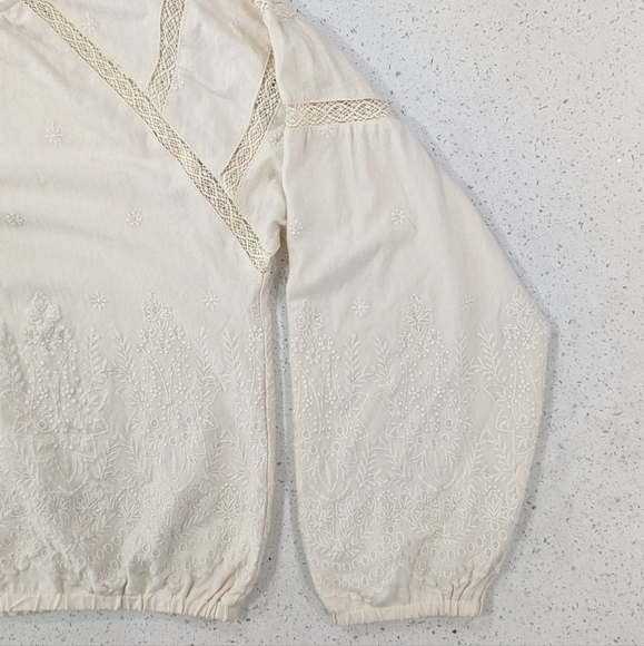 Lucky Brand Women White Ivory Boho Top Oversized Embroidered Long Sleeve Size S - Picture 6 of 9